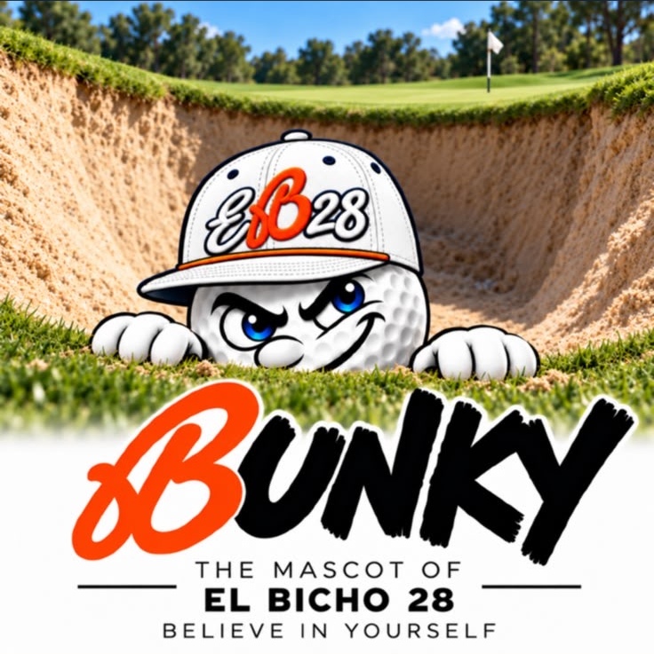Bunky, the ELBICHO28 golf-ball mascot, finding his way out of a bunker